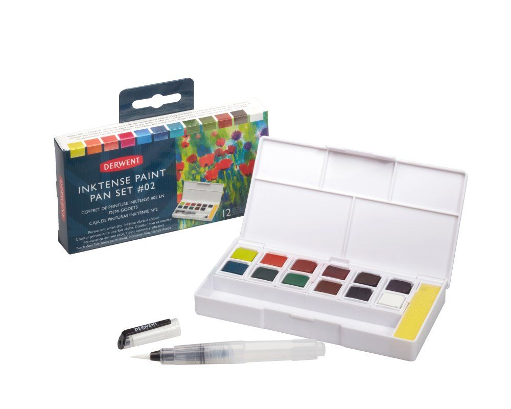 Derwent Inktense Paint Pan Travel Set 02 +säiliösi, säiliösivellin, sieni ja 12 mustevärinappia (1/2)