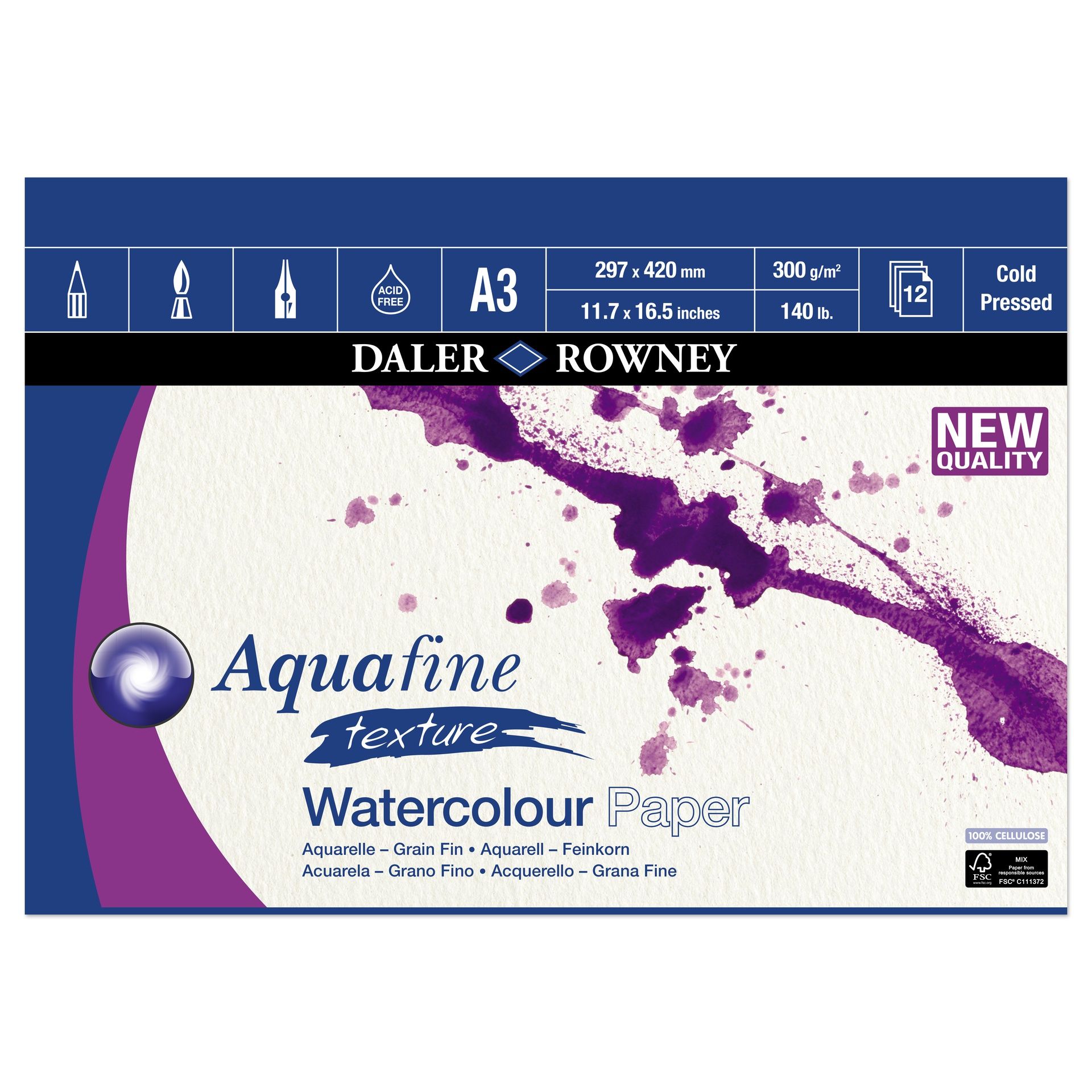 DR Aquafine akvarellilehtiö 300g A3 (12) PK, 100 % selluloosa, 12 sivua, puolikarkea