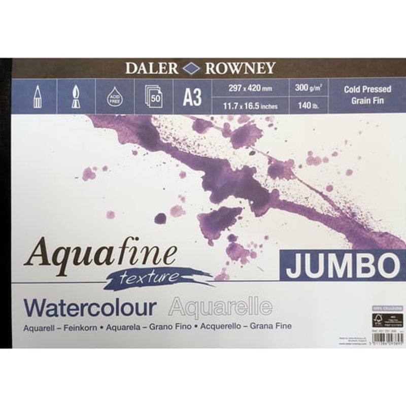 DR Aquafine akvarellilehtiö 300g A3 (50) Jumbo PK, 100% selluloosa, 50 sivua, puolikarkea