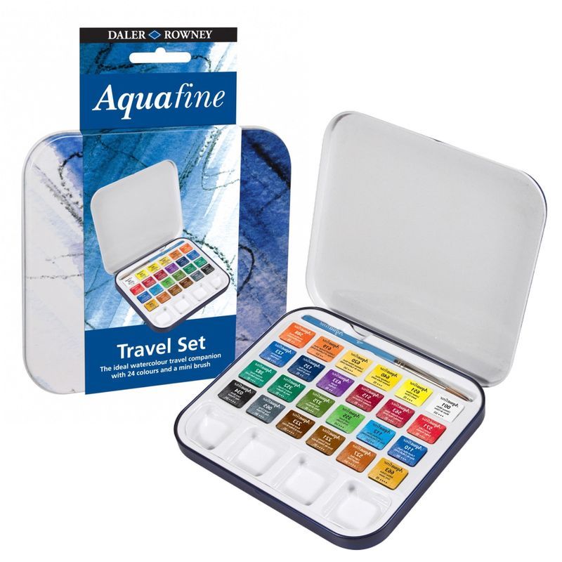 DR Aquafine travel tin 24 x 1/2 nappia, Sisältää siveltimen ja yhden paletin, metallirasia
