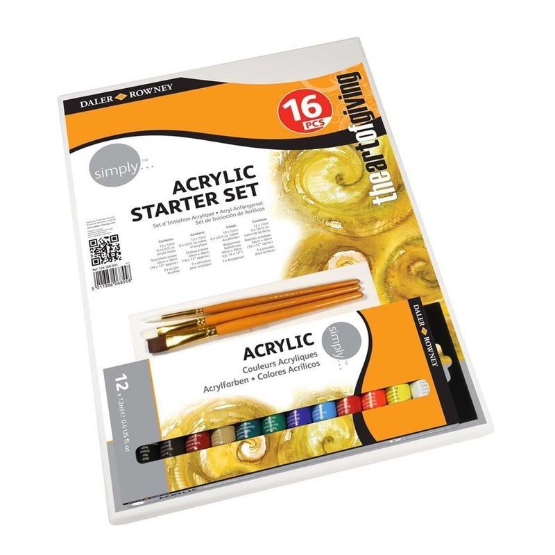 DR Simply Acrylic starter set 16 osaa, Sis. akryylivärit 12x12ml, pinkopohjan ja 3 sivell