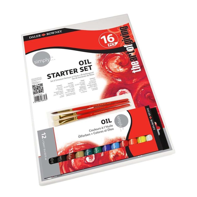 DR Simply Oil Colour Starter Set 16 pcs, Sis. öljyvärit 12x12ml, pinkopohjan sekä 3 sivelli