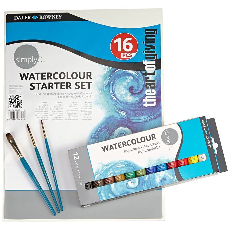 DR Simply watercolour starter set 16 osaa, 12x12ml akvarellituubit, kangaspahvipohjan ja 3 si
