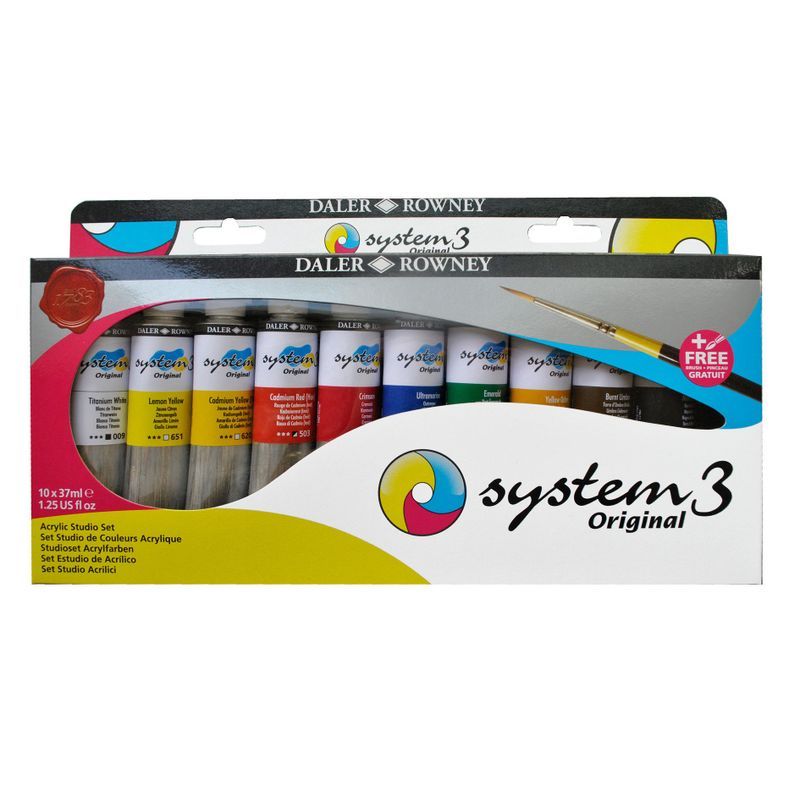 DR System 3 acrylic Studio set 10x37ml + sivellin, Sis.värit:009,651,620,503,513,123,335,663,223,036+