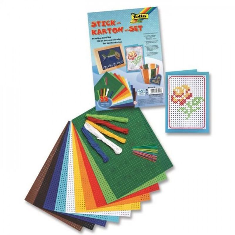 FOLIA Kirjontapakkaus, 25 osaa, 10 alustaa, 5 lankaa, 10 neulaa, ohjeet