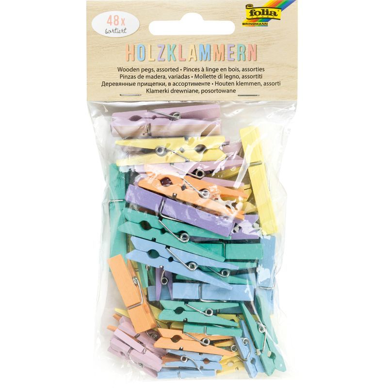 FOLIA puiset pyykkipojat 48kpl pastelli, 3kokoa, 3 kokoa, 6 väriä