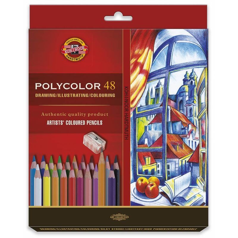 KOH Polycolor värikynät 48 kpl kartonkirasia, Sis myös 2 lyijykynää HB ja 4B sekä teroitin