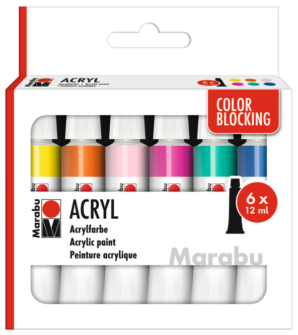 Marabu Akryylivärilajitelma Color Blocking 6x12ml, sunyellow, redorange, rosepink, magenta, aquamarin