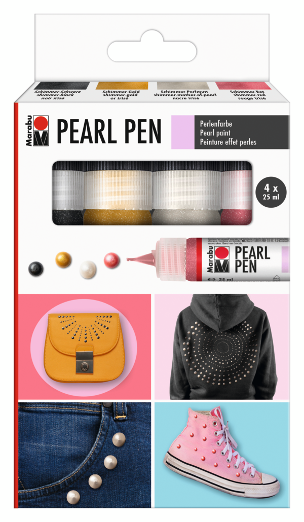 Marabu kohokynä pearl pen 4x25ml, helmiäissävyt: punainen, musta, valkoinen ja kulta