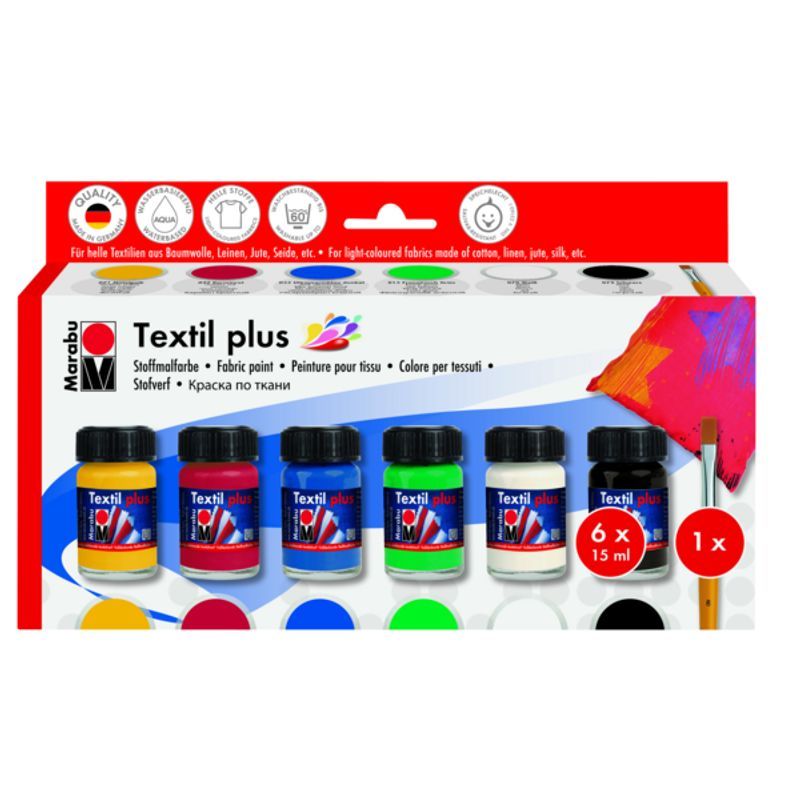 Marabu Textil PLUS Tekstiilivärilaj 6x15ml, +litteä sivellin koko 8 tummille vaatteille