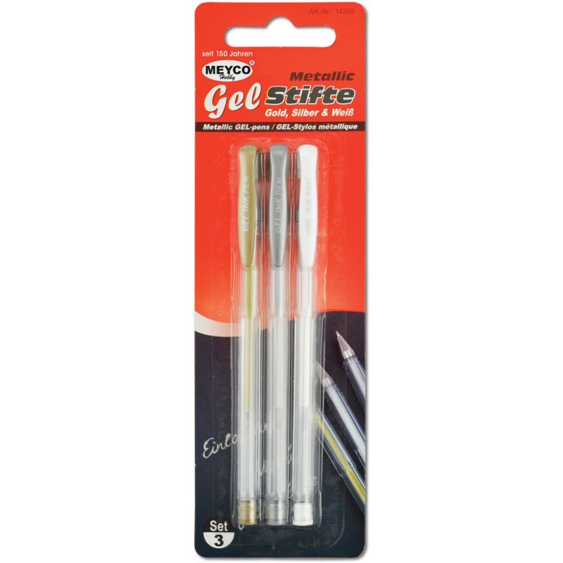 MEYCO Geelikynä Metallic 0.7mm, 3 väriä blisteriss, kulta, hopea, valkoinen