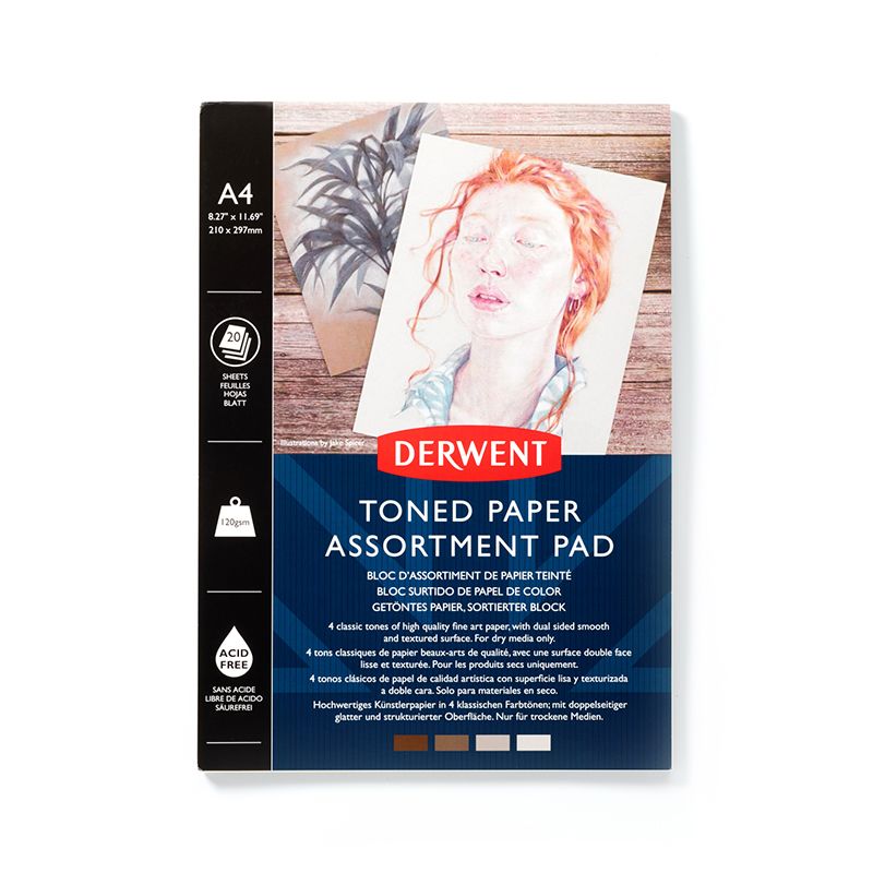 P. Derwent Toned Paper Mixed Pad 120 g A4 (20), TL 5 eri sävyä, 4 arkkia väri