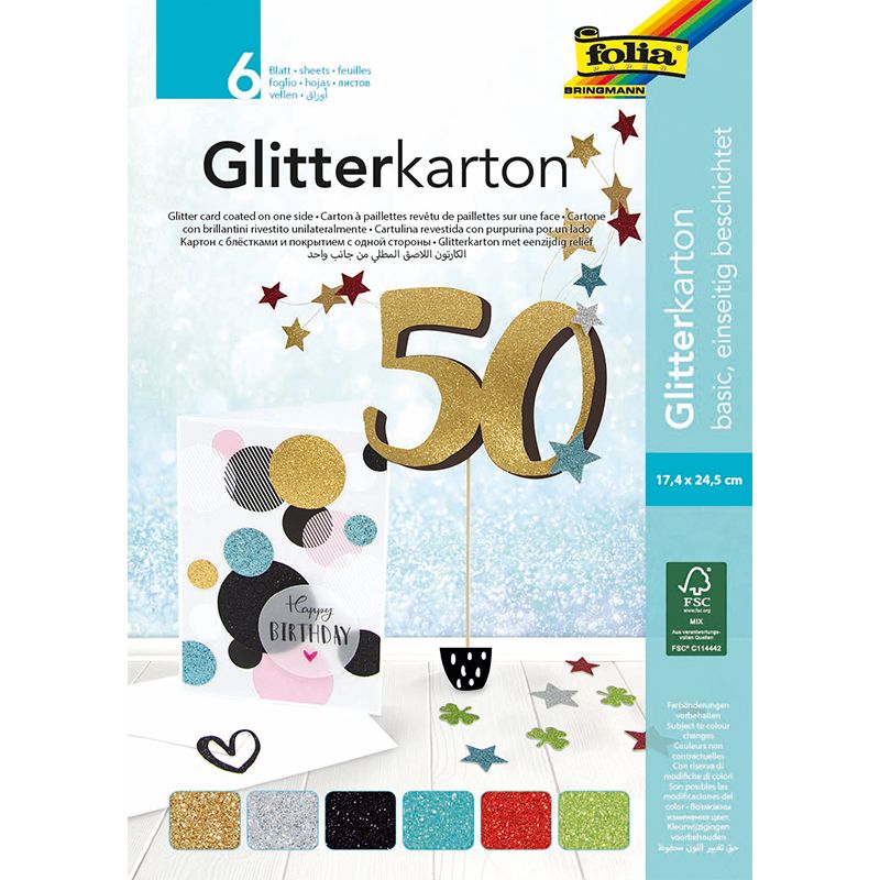 P. FOLIA Glitterkartonki 17,4x24,5 (6) 300g, kulta, hopea, ruskea, vaaleansin, punainen, lime