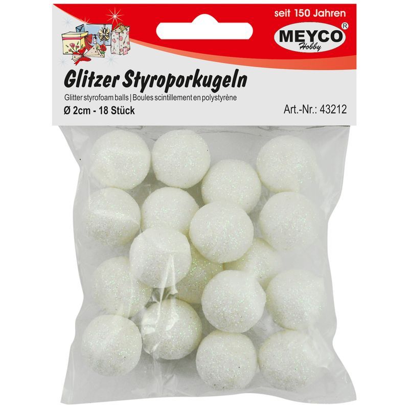 P. MEYCO Glitterstyroksipallot 2cm 18kpl, Valk.