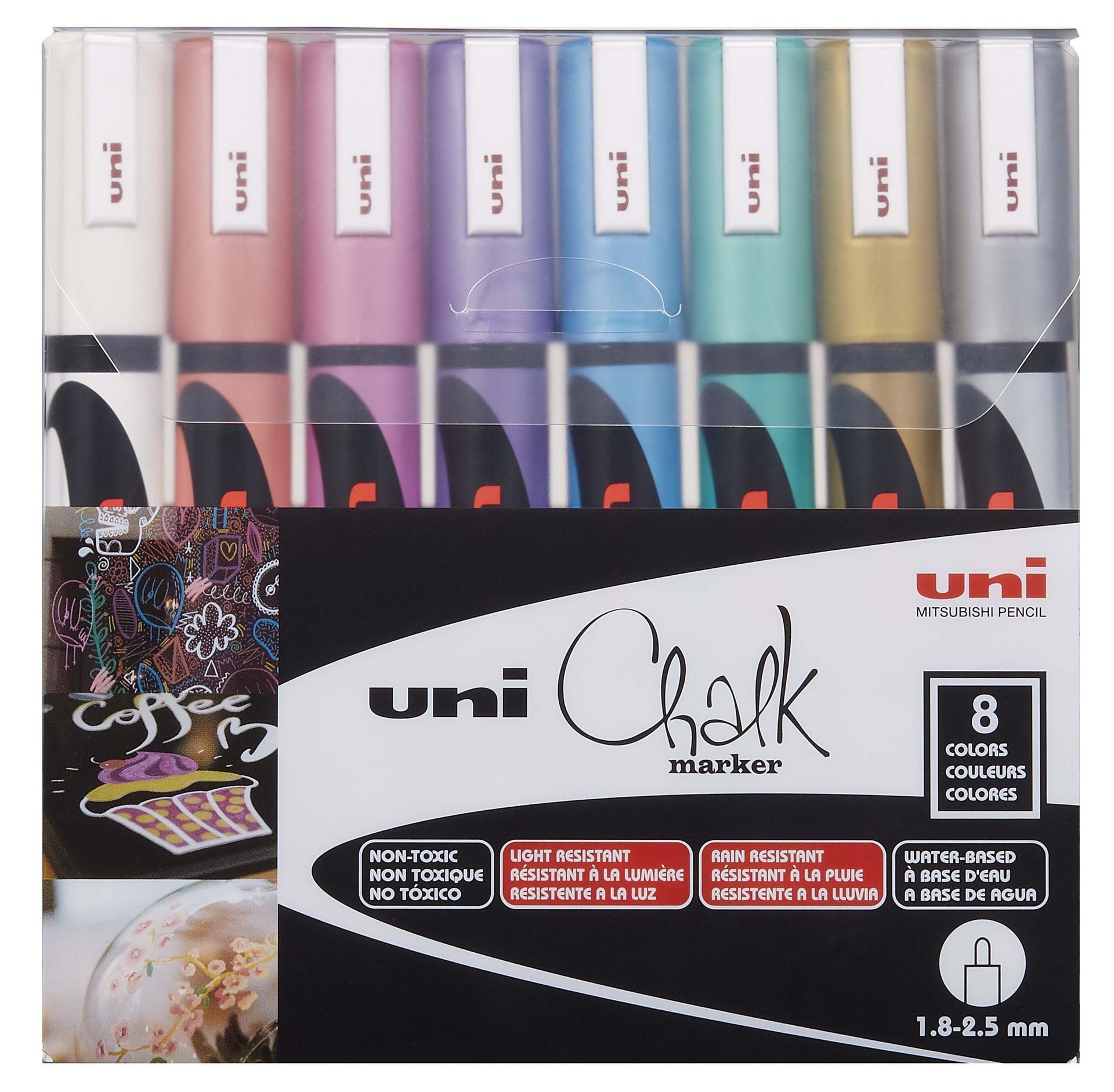 UNI Chalk 8 kpl liitutaulutussi PWE-5M metallic, 1,8-2,5 mm