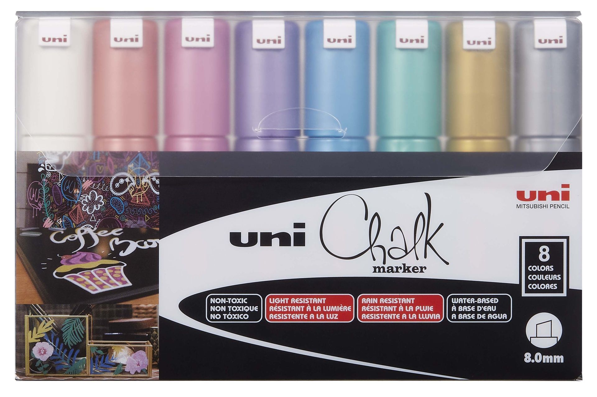 UNI Chalk 8 kpl liitutaulutussi PWE-8K metallic, 8 mm