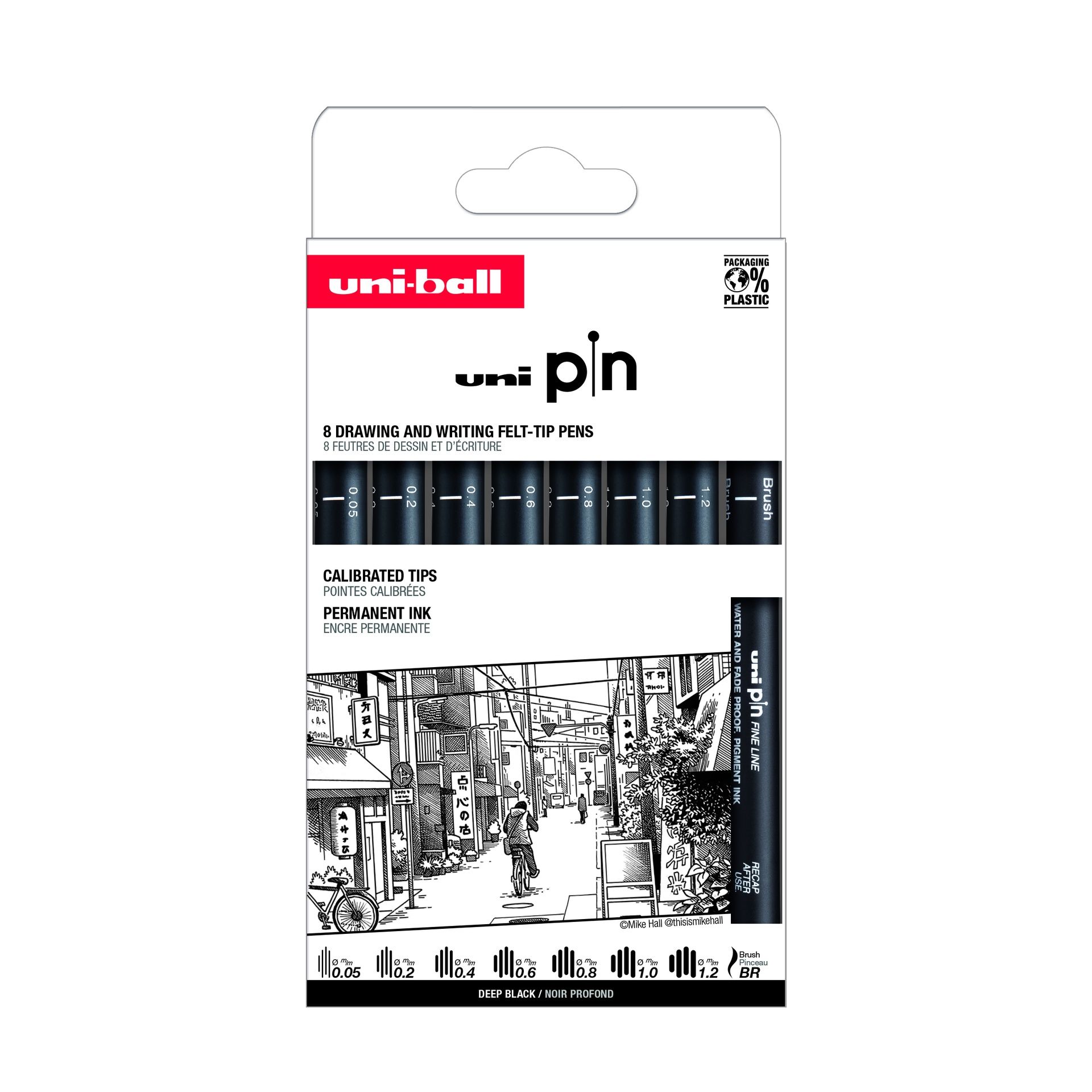 UNI PIN kuitukärkikynä 8 kpl Classic parilliset, s, musta:  0,05/0,2/0,4/0,6/0,8/1,0/1,2/BR