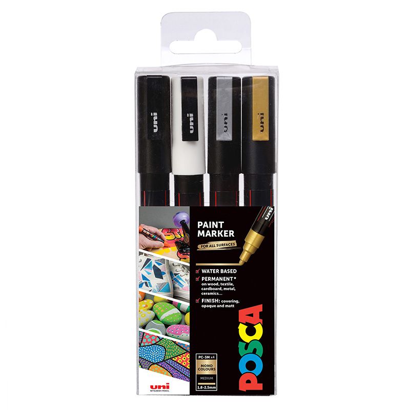 UNI POSCA Marker 4kpl PC-3M 0,9-1,3mm MONO, kulta hopea valk musta