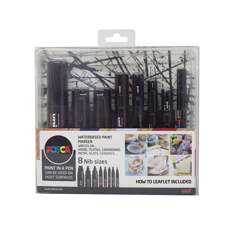 UNI POSCA Marker 8 kpl eri koot musta, Musta