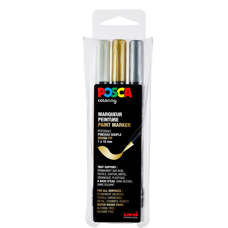 UNI POSCA Marker Brush 3 kpl PFC-350 kultahopeaval