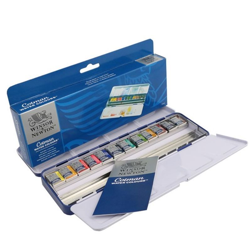 WN Cotman Blue Metal Box 12x1/2 nappi, 12xtyhjä, akvarellilajitelma ja 12 tyhjää paikkaa