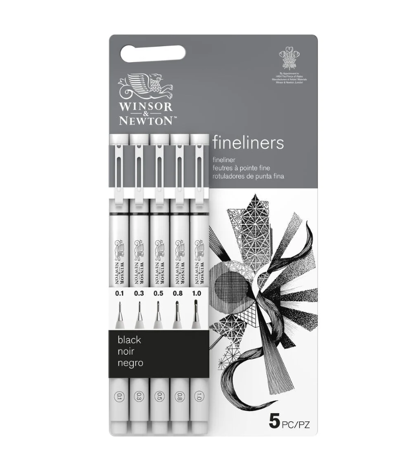 WN Fineliner black-lajitelma permanent 5 lev., Sis. Koot 0,1, 0,3, 0,5, 0,8, 1,0