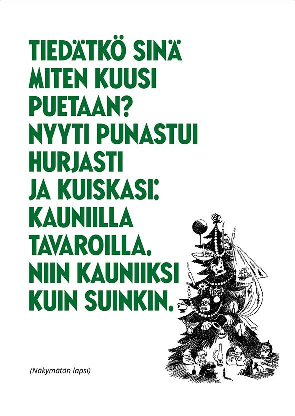 Kohopainettu postikortti joulu Muumi - Miten kuusi puetaan