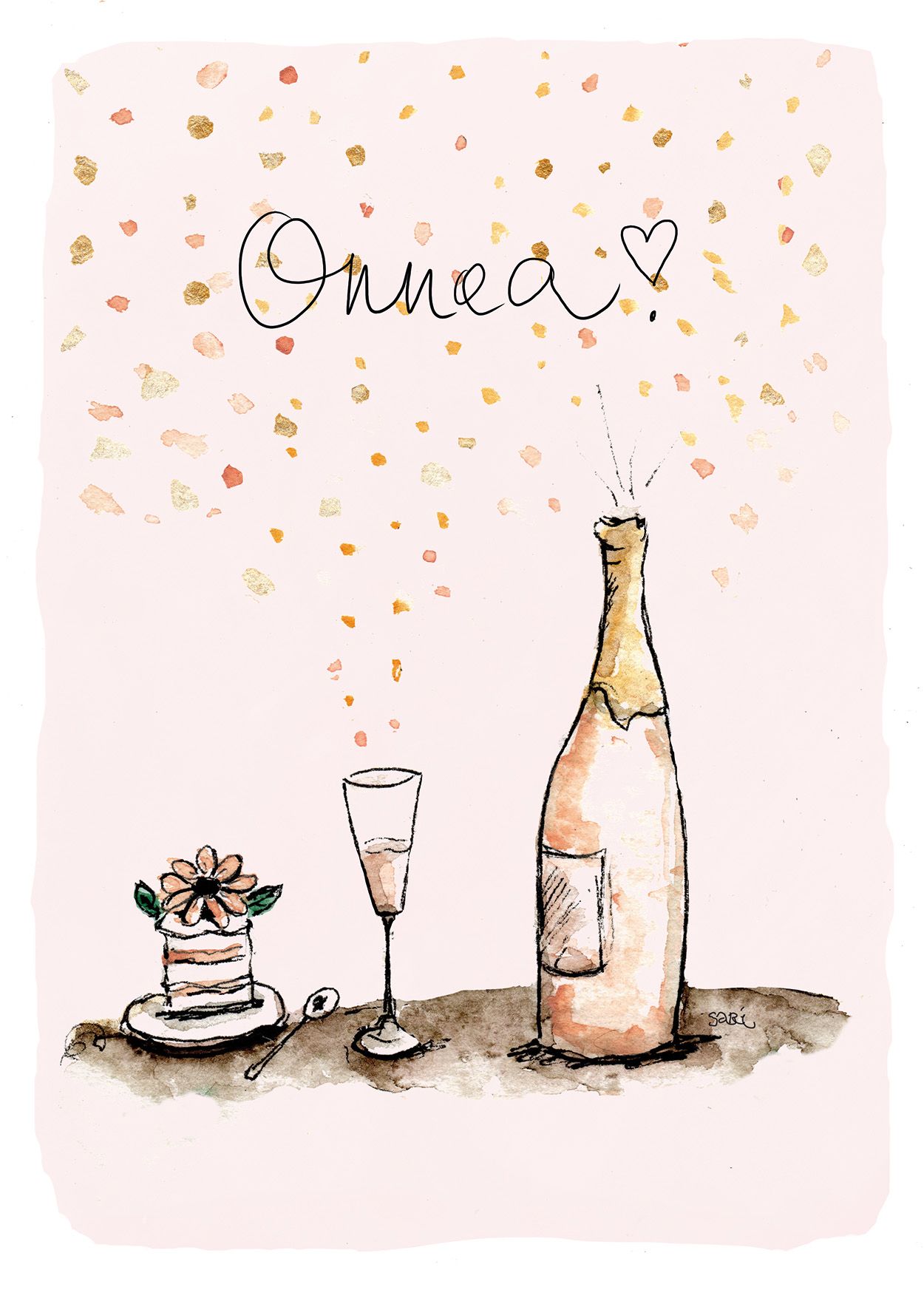 2-osainen kortti Sari's Artwork - Onnea! Kakku ja kuohuviini