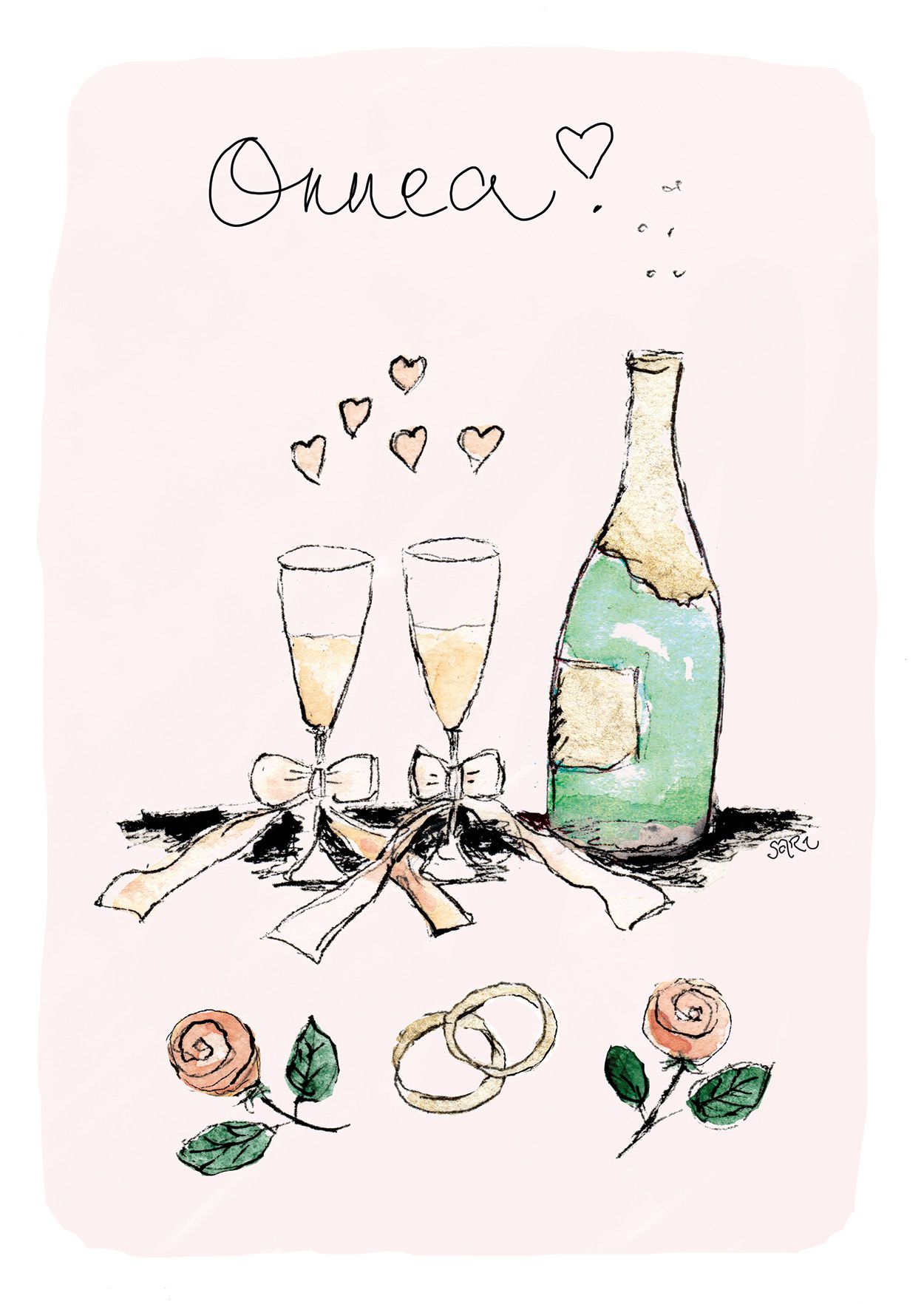 2-osainen kortti Sari's Artwork - Onnea! Sormukset ja kuohuviini