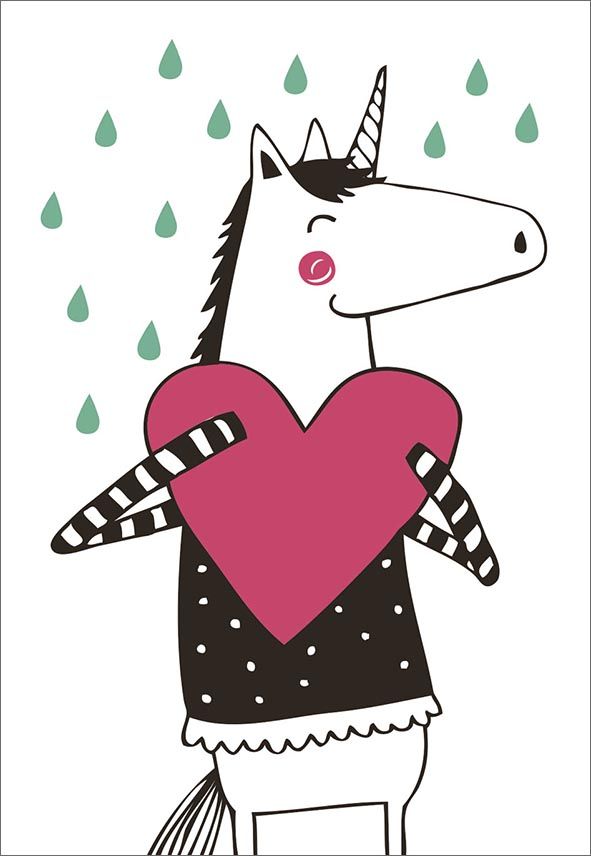 Kohopainettu postikortti Mira Mallius - Yksisarvinen ja sydän