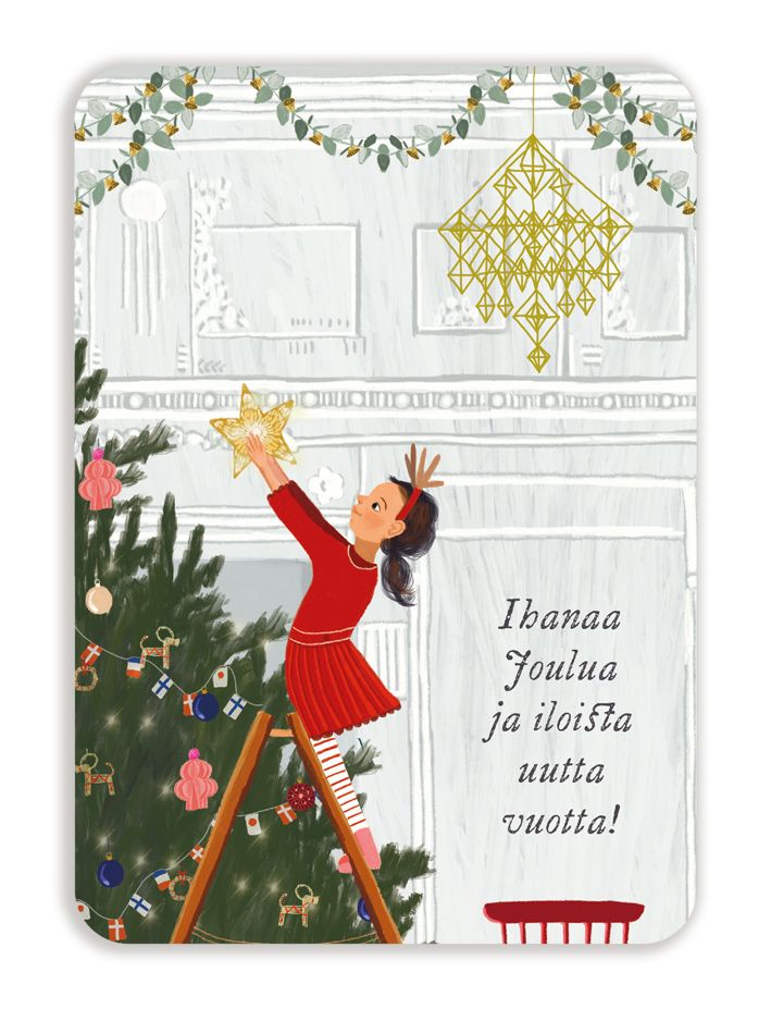 Joulukortti Johanna Ilander - Kuusen koristelu "Ihanaa joulua ja iloista uutta vuotta!"