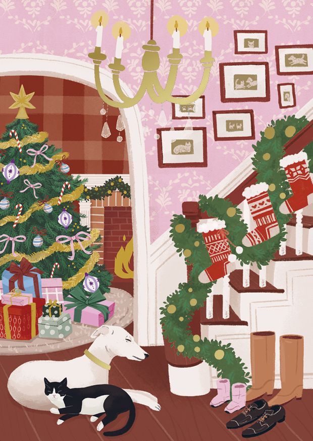 Joulukortti Kaisu Sandberg - Portaikko, kissa ja koira