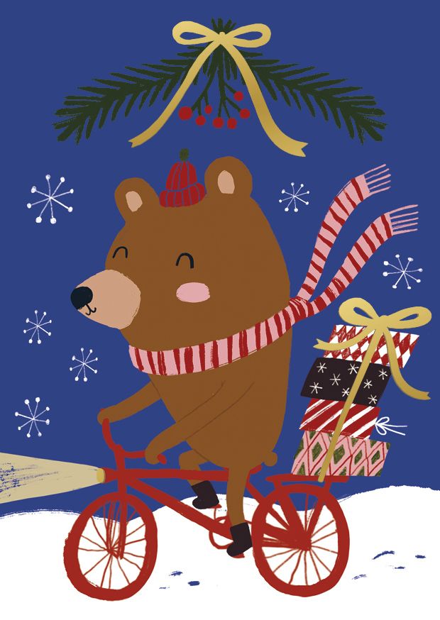 Postikortti joulu Mira Mallius - Pyöräilevä karhu