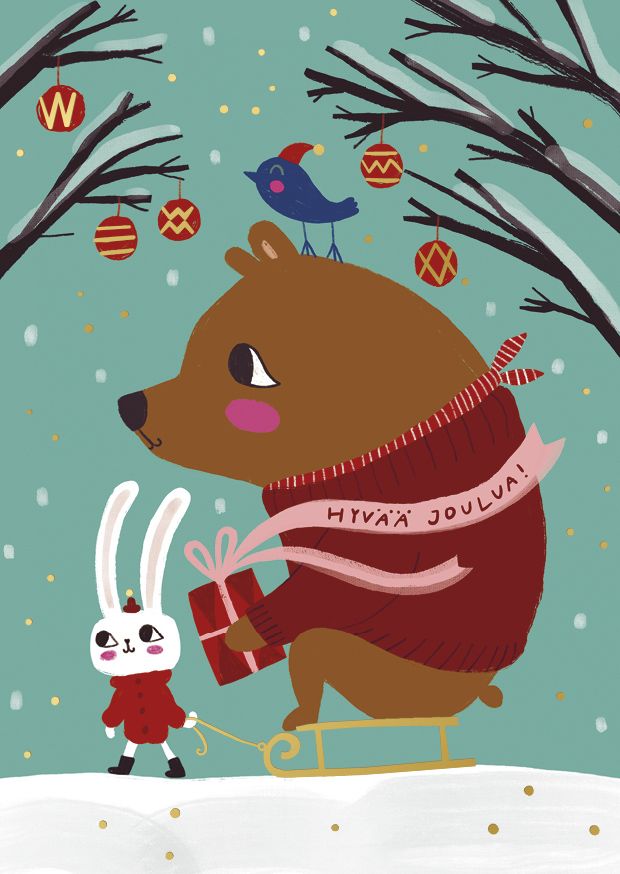 Postikortti joulu Mira Mallius - karhu ja kelkka, Hyvää joulua
