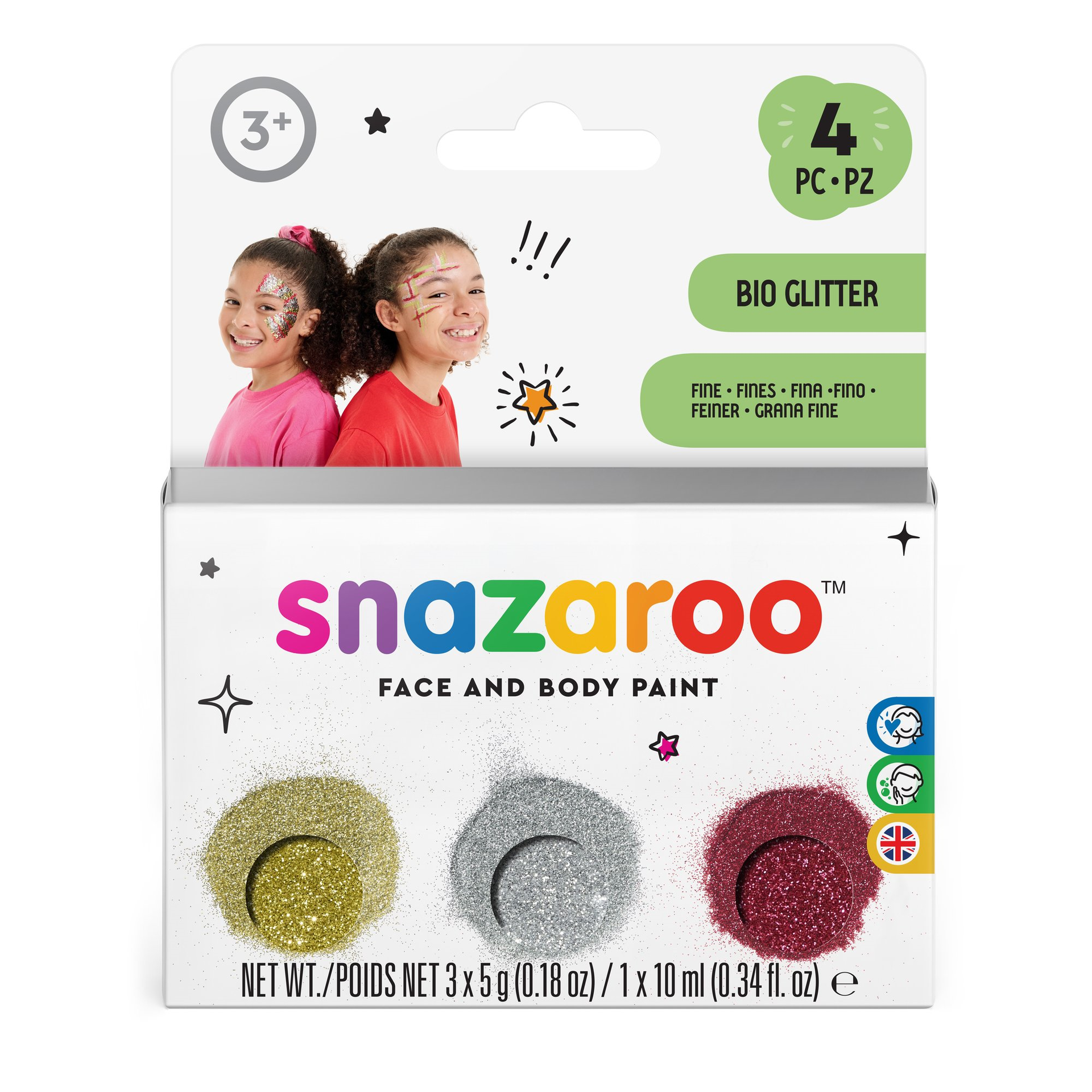 Snazaroo BIO glitter 15g kulta hopea punainen ja kiinnitysgeeli