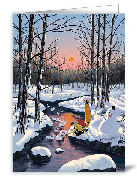 2-osainen joulukortti Quire - Talvinen joki, joutsenet ja lumiukko