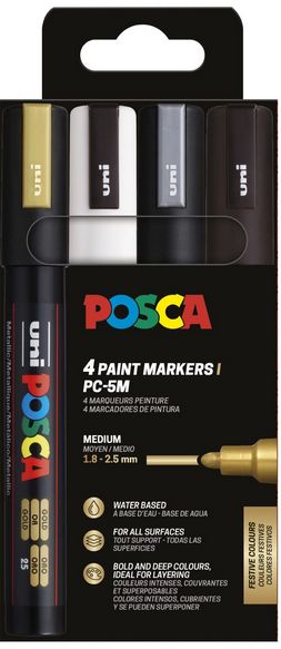 UNI POSCA Marker 4kpl PC-5M 1,8-2,5mm MONO, kulta hopea valk musta