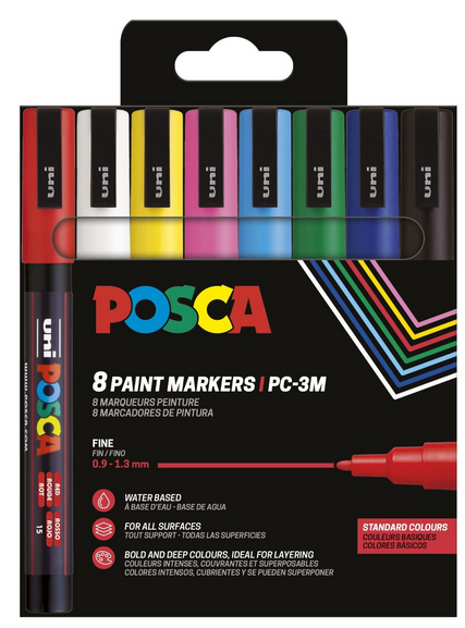 UNI POSCA Marker 8 kpl PC-3M 0,9-1,3mm perusvärit