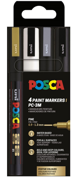 UNI POSCA Marker 4kpl PC-3M 0,9-1,3mm MONO, kulta hopea valk musta