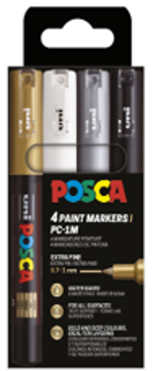 UNI POSCA Marker 4kpl PC-1M 0,7-1mm MONO, kulta hopea valk must