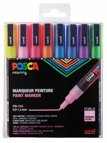 UNI POSCA Marker 8 kpl PC-3ML 0,9-1,3mm glitter