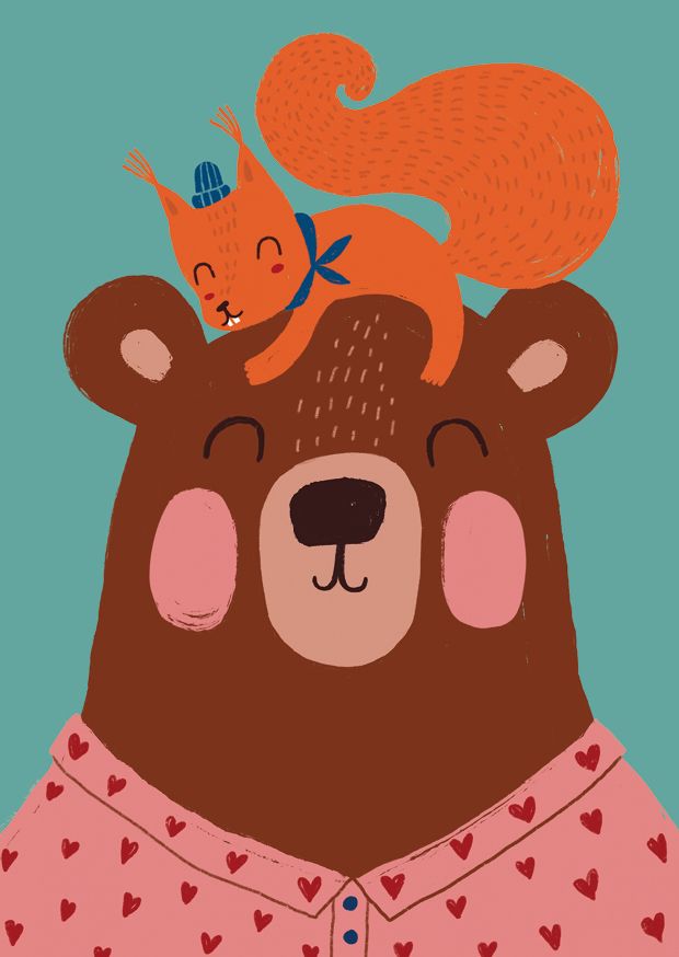 Postikortti Mira Mallius - Karhu orava pään päällä