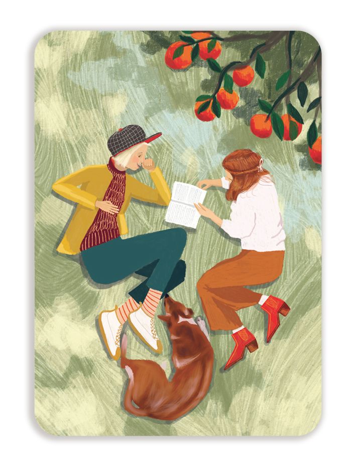 Postikortti Johanna Ilander - Ystävykset puistossa kirjaa lukemassa