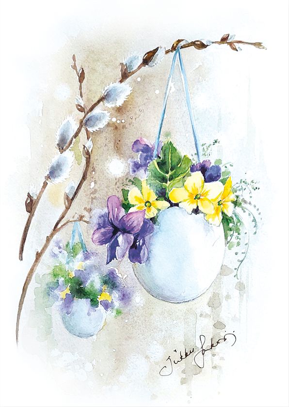 Postikortti Sirkku Saukonoja - Pääsiäiskukat munankuoressa