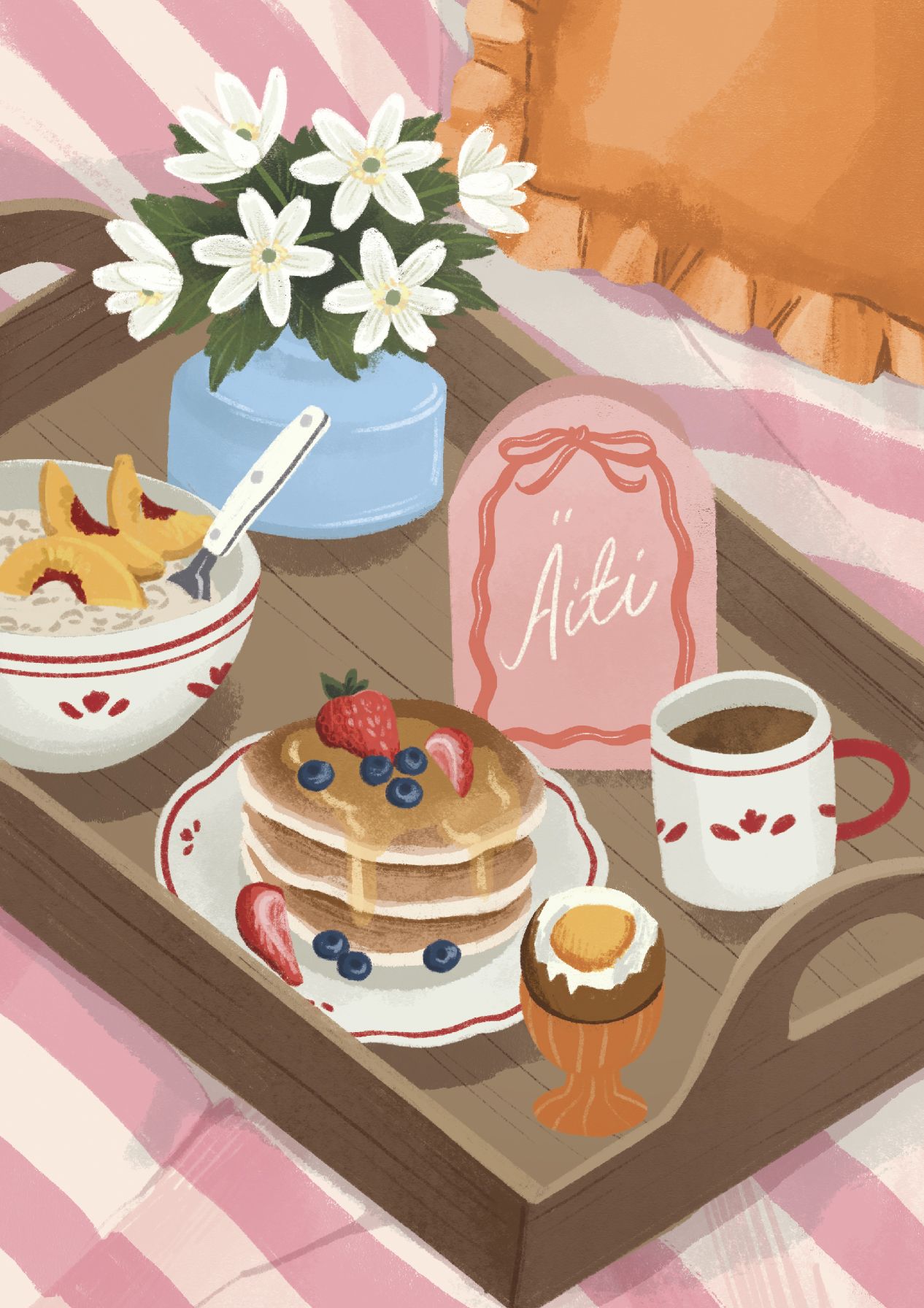 2-osainen äitienpäiväkortti Kaisu Sandberg - Aamiaiskattaus sängyllä