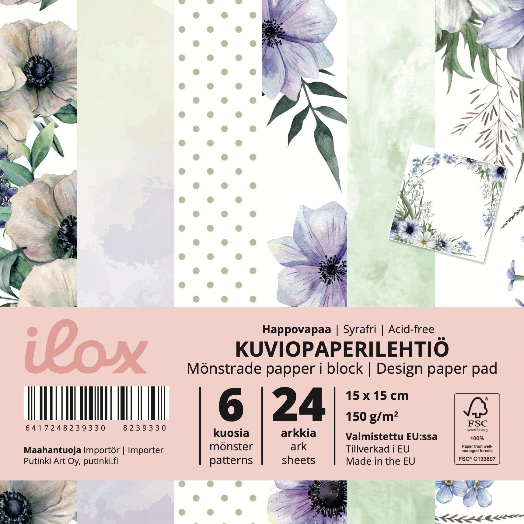 Kuviopaperilehtiö 15x15 cm 24 arkkia ILOX Anemone sininen