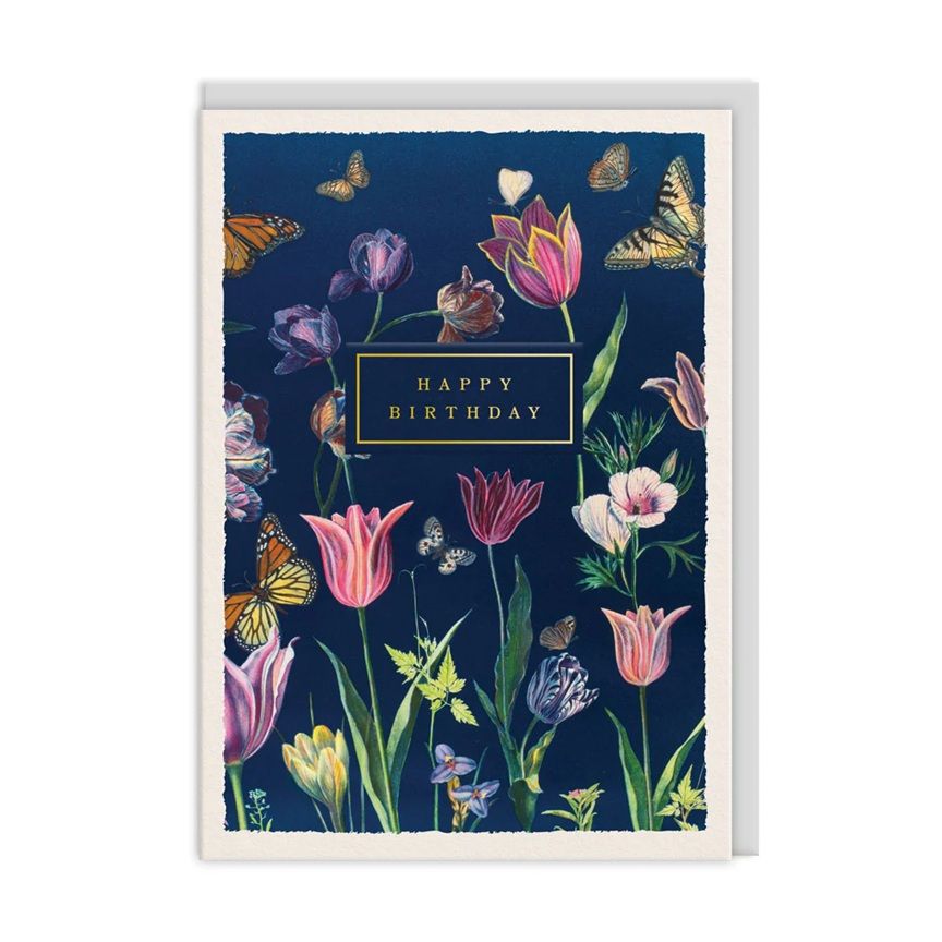 2-osainen kortti Ohh Deer - Happy Birthday, Tulppaanit ja Perhoset