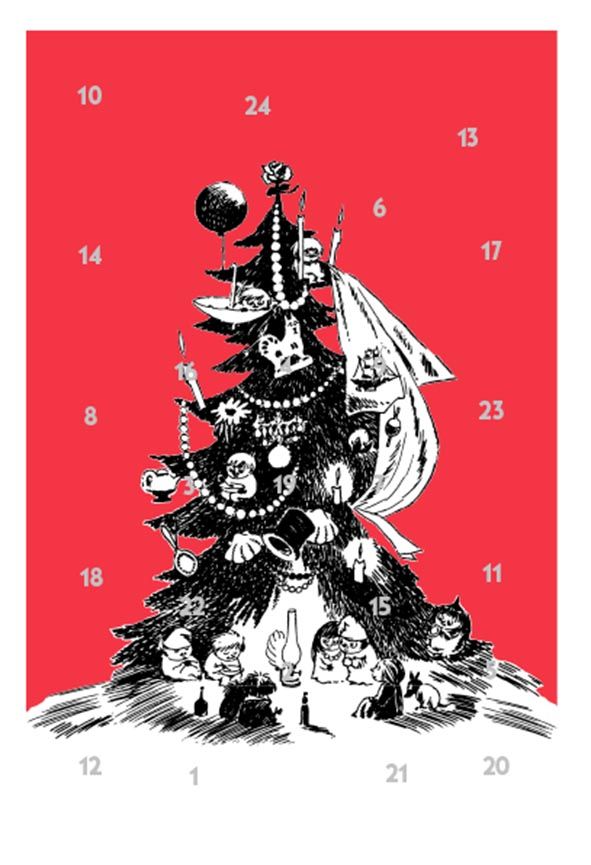 Joulukalenterikortti Putinki Muumi - Kuusi punainen tausta