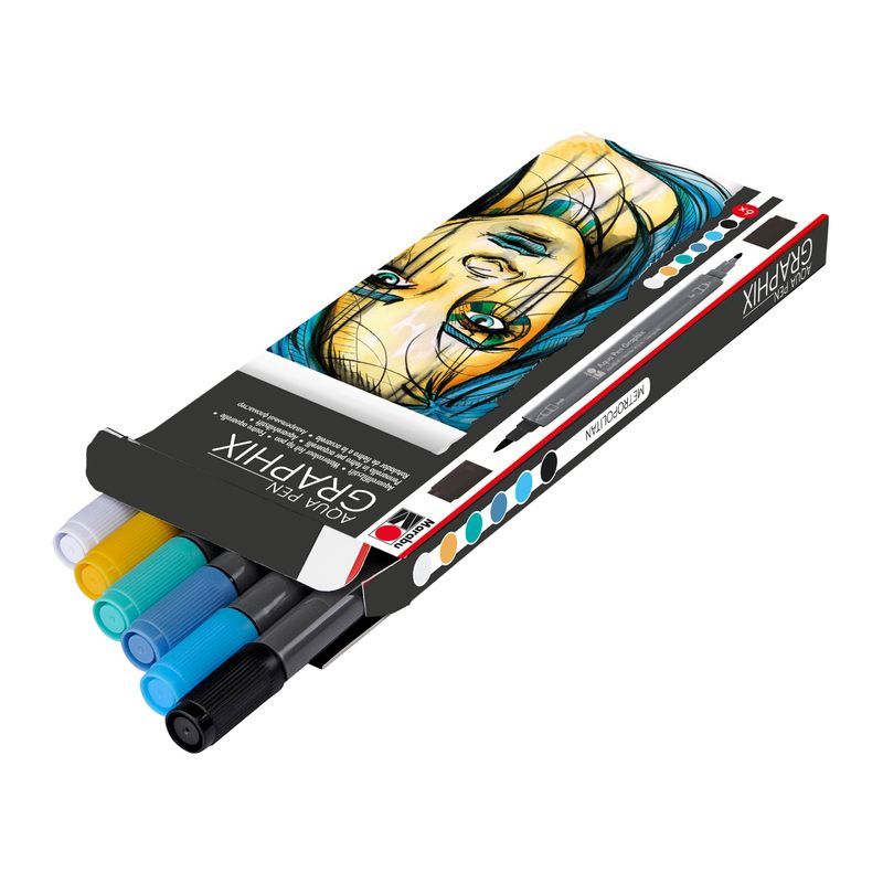 Marabu Graphix Aqua Pen 6 Metropolitan, kaksipäinen akvarellitussi, sivellin ja fineliner