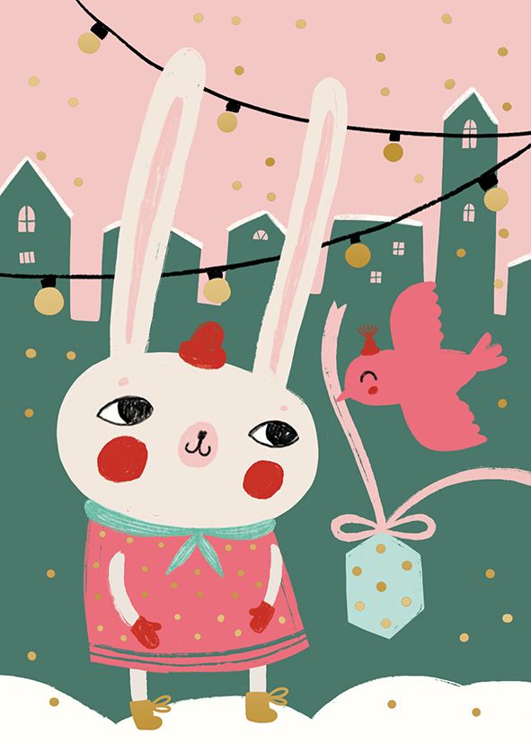 Postikortti joulu Mira Mallius - Pupu ja lintu